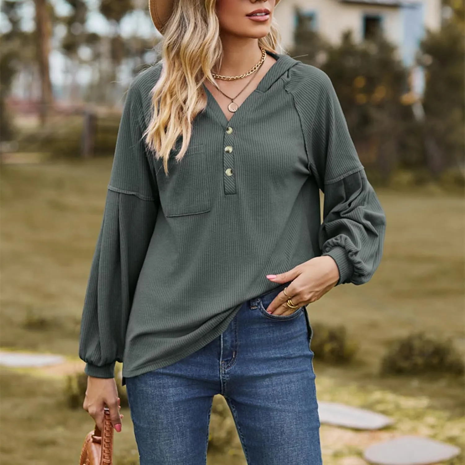 Women's Oversized Hoodies Sweatshirts,Solid Loose Pullover Long-Sleeved T-shirt,Casual Button V Neck Hooded Tops