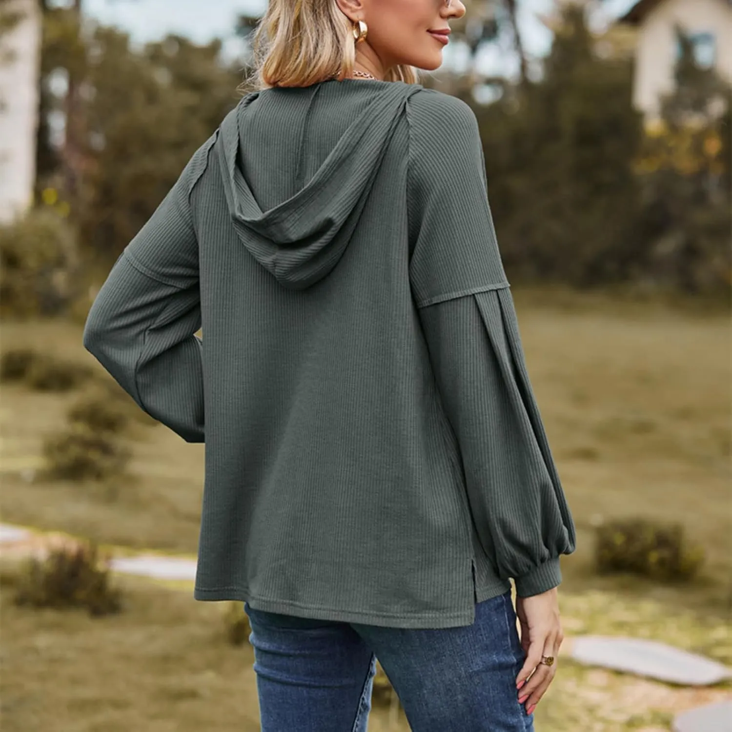 Women's Oversized Hoodies Sweatshirts,Solid Loose Pullover Long-Sleeved T-shirt,Casual Button V Neck Hooded Tops