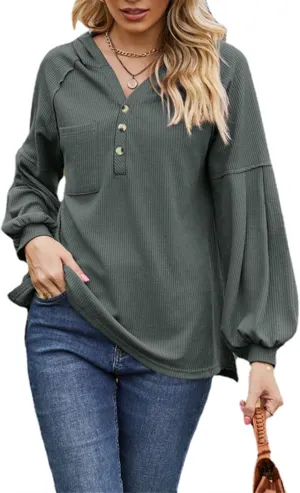 Women's Oversized Hoodies Sweatshirts,Solid Loose Pullover Long-Sleeved T-shirt,Casual Button V Neck Hooded Tops
