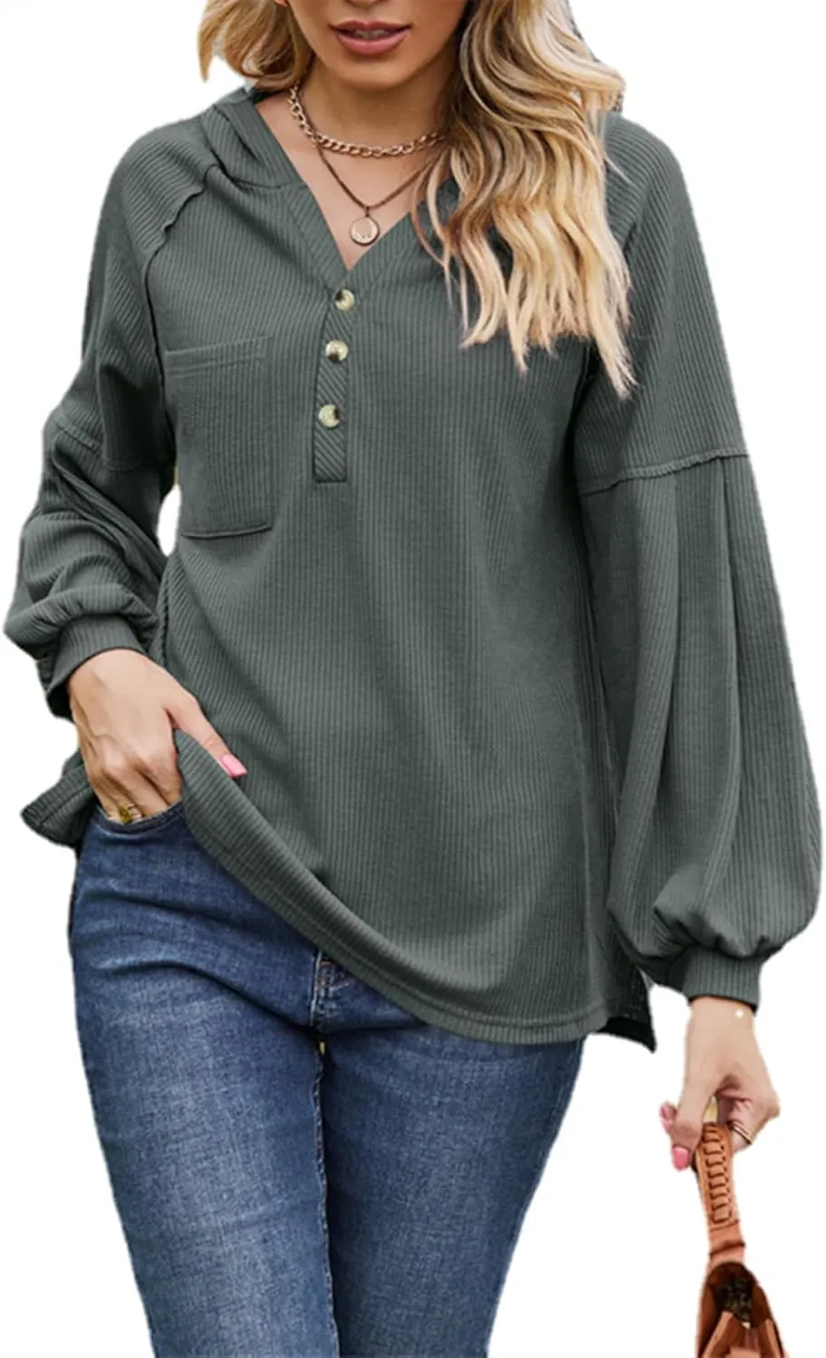 Women's Oversized Hoodies Sweatshirts,Solid Loose Pullover Long-Sleeved T-shirt,Casual Button V Neck Hooded Tops