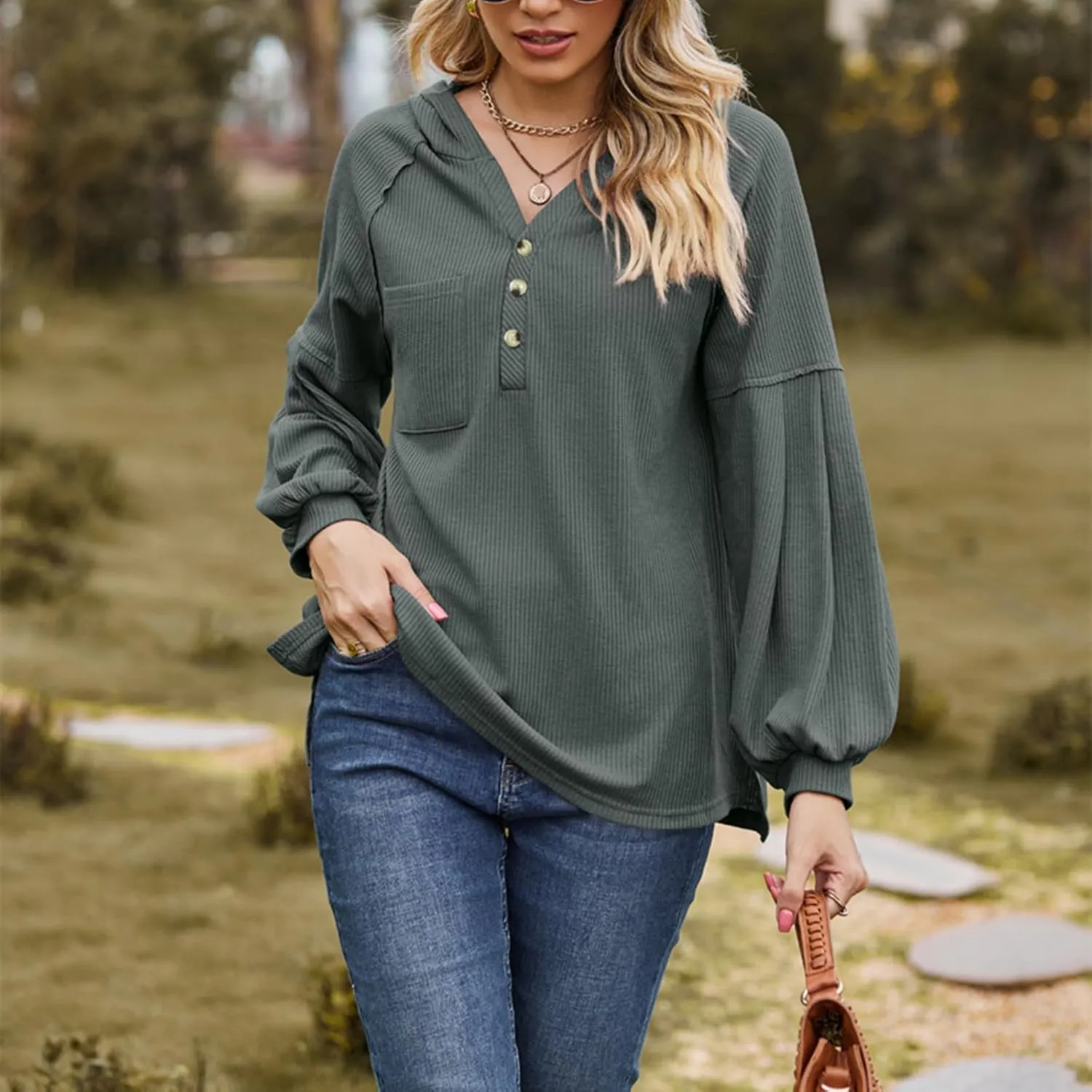 Women's Oversized Hoodies Sweatshirts,Solid Loose Pullover Long-Sleeved T-shirt,Casual Button V Neck Hooded Tops