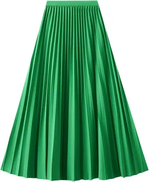 Women's Pleated A-Line Midi Skirts High Waisted Shirring Skirt for Casual and Formal Occasions