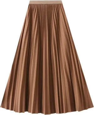 Women's Pleated A-Line Midi Skirts High Waisted Shirring Skirt for Casual and Formal Occasions