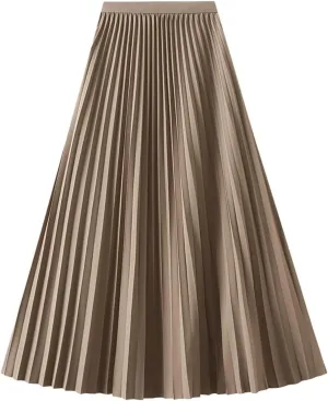 Women's Pleated A-Line Midi Skirts High Waisted Shirring Skirt for Casual and Formal Occasions