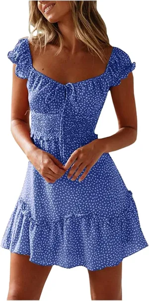 Womens Ruffle Floral Mini Sundress 2024 Summer Outdoor Vacation Travel Dress Square Neck Bohemia Style High Waisted Dresses