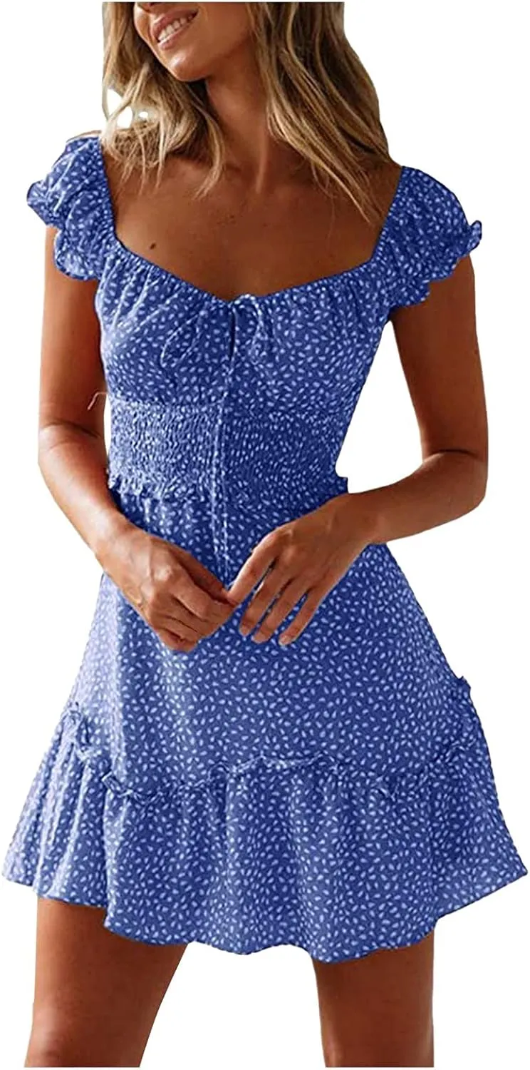 Womens Ruffle Floral Mini Sundress 2024 Summer Outdoor Vacation Travel Dress Square Neck Bohemia Style High Waisted Dresses