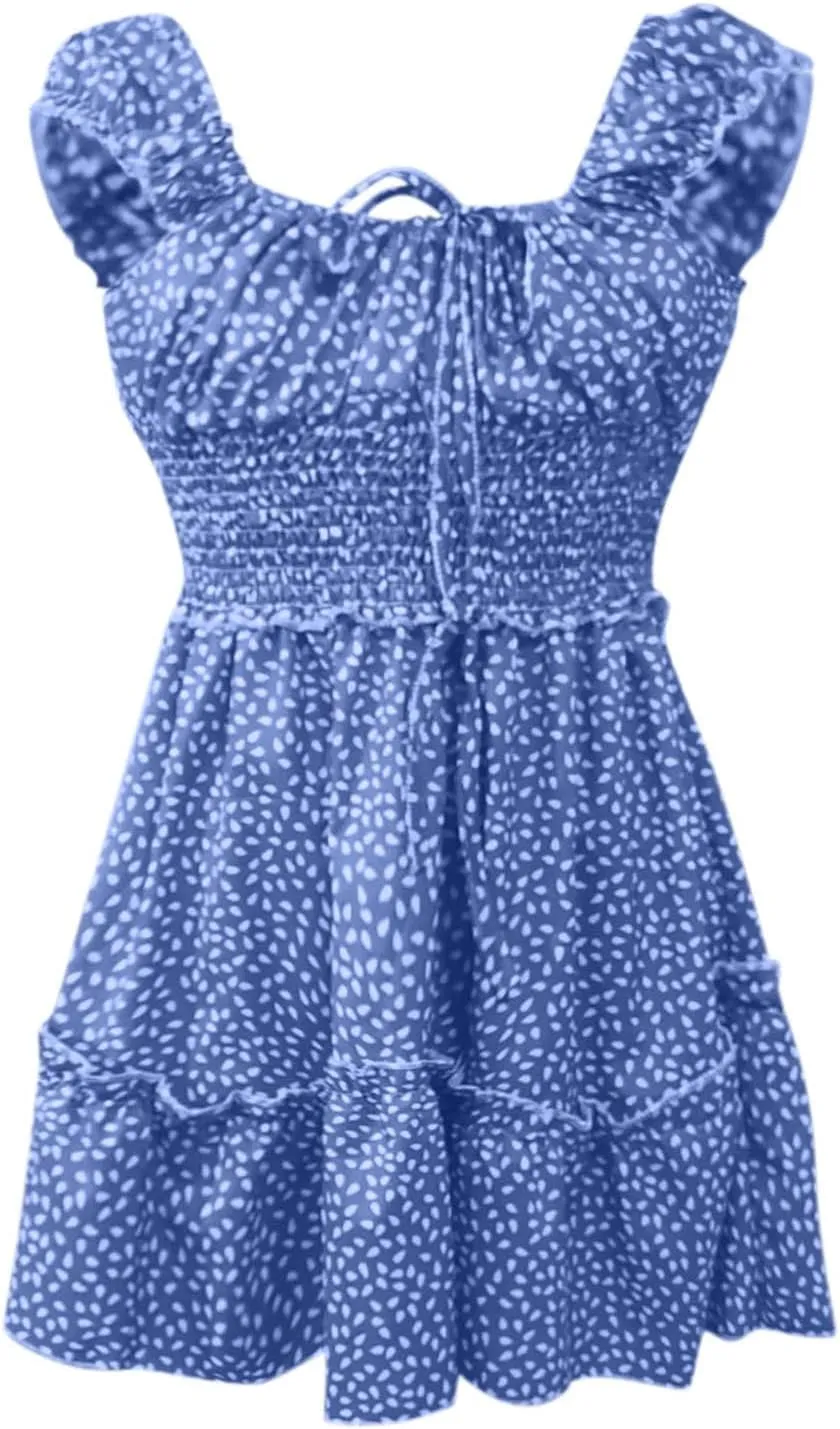 Womens Ruffle Floral Mini Sundress 2024 Summer Outdoor Vacation Travel Dress Square Neck Bohemia Style High Waisted Dresses