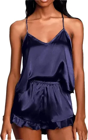 Women's Silk Satin Pajama Set - V-Neck Camisole Ruffled Shorts Bridal Lingerie Sleepwear For Honeymoon