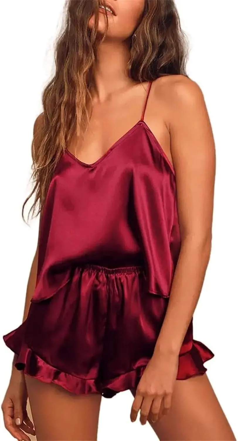 Women's Silk Satin Pajama Set - V-Neck Camisole Ruffled Shorts Bridal Lingerie Sleepwear For Honeymoon