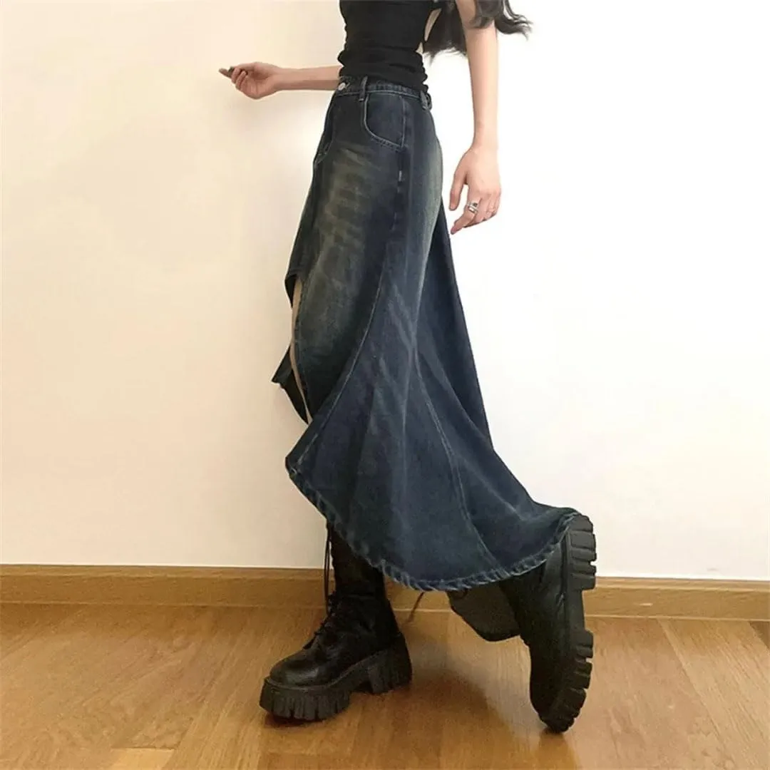 Women's Skirts Irregular A-LINE Denim Vintage Button Down High Waisted Maxi Skirts