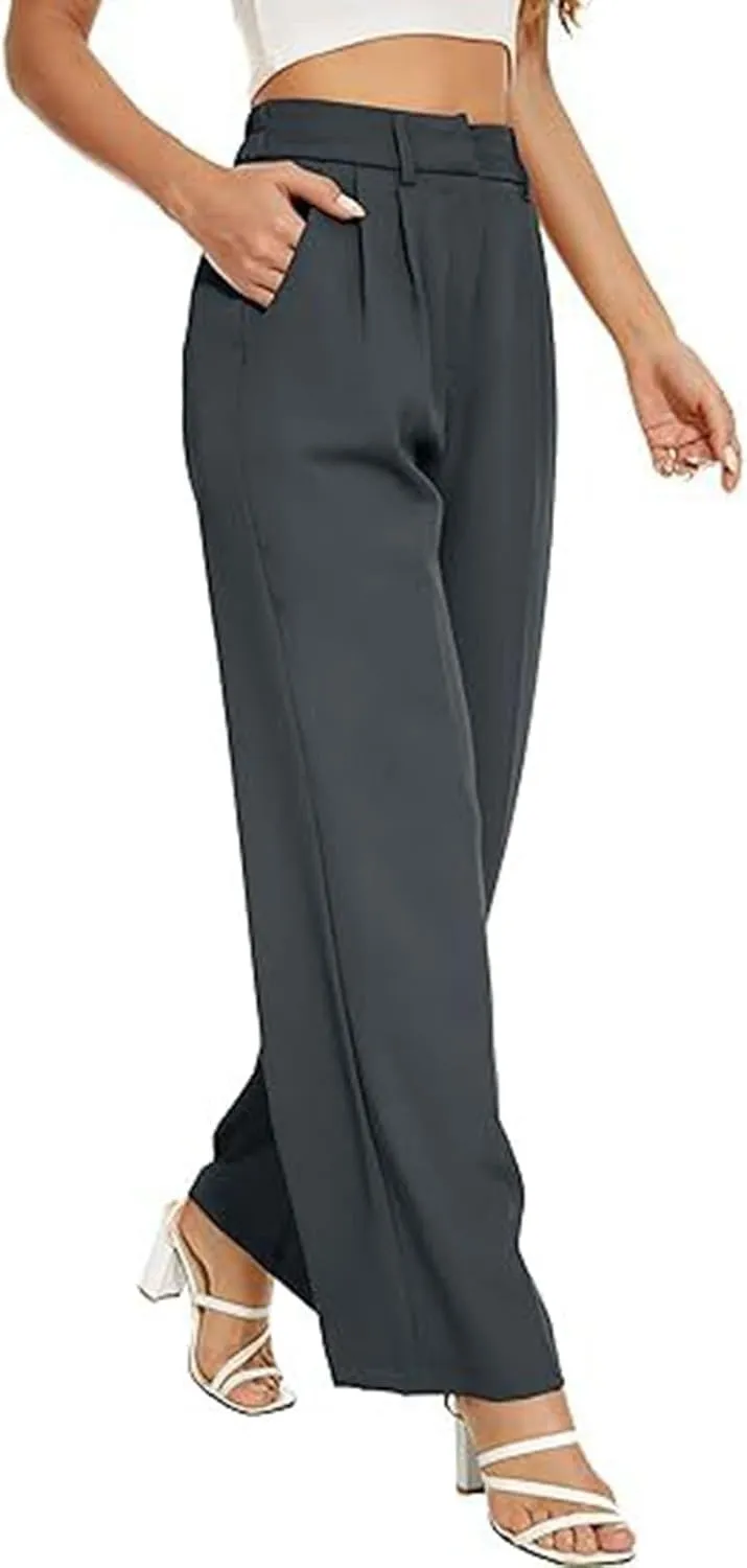 Women's Slim Fit Straight Commuter High Waist Pants Casual Button Down Loose Business Work Office Trousers with Pockets