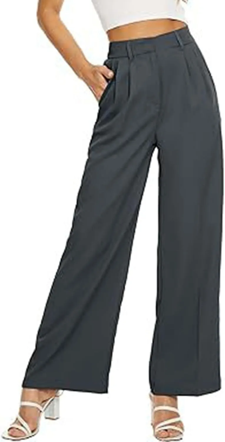 Women's Slim Fit Straight Commuter High Waist Pants Casual Button Down Loose Business Work Office Trousers with Pockets