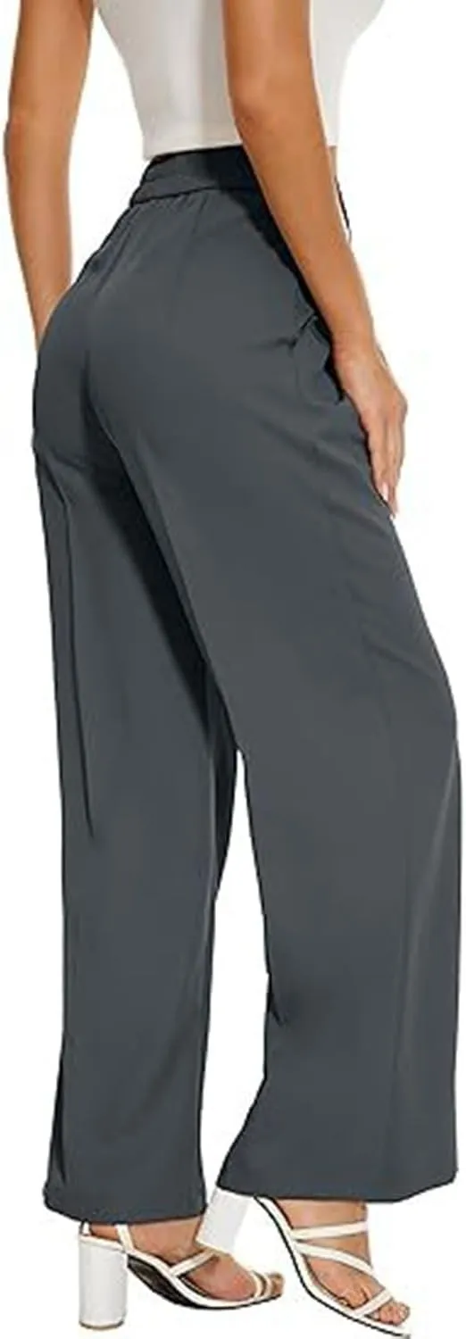 Women's Slim Fit Straight Commuter High Waist Pants Casual Button Down Loose Business Work Office Trousers with Pockets
