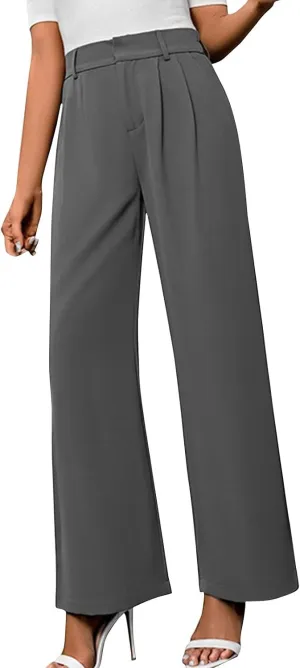 Women's Slim Fit Straight Commuter High Waist Pants Casual Button Down Loose Business Work Office Trousers with Pockets