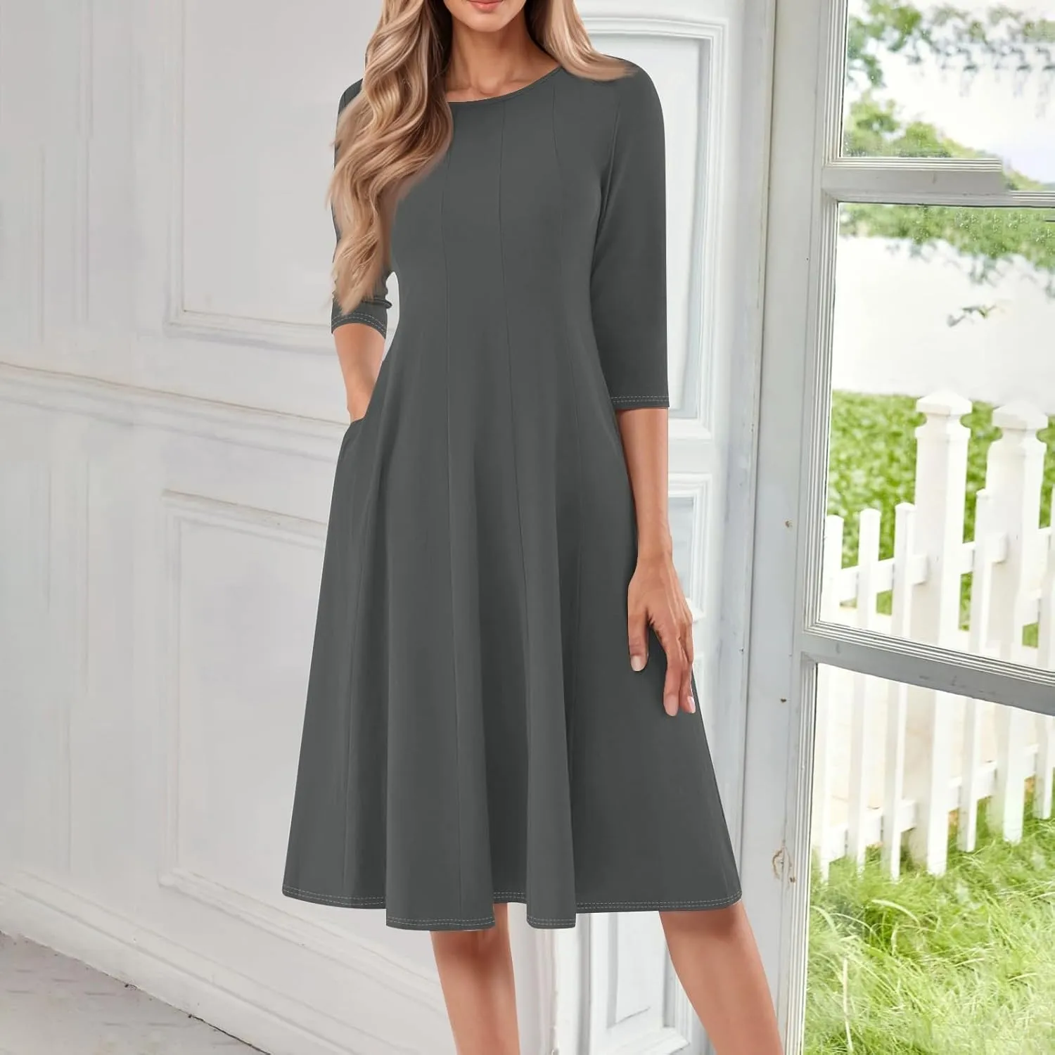 Womens Summer Dresses Summer Flowy Beach 3/4 Sleeve Dress Aline Casual Tshirt Dress Floral Midi Dresses with Pockets