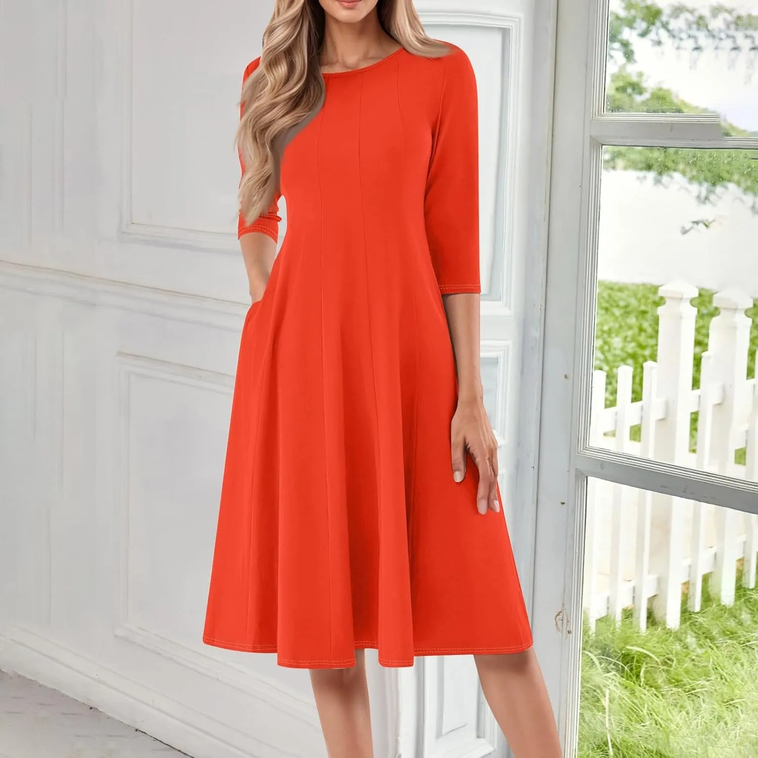 Womens Summer Dresses Summer Flowy Beach 3/4 Sleeve Dress Aline Casual Tshirt Dress Floral Midi Dresses with Pockets