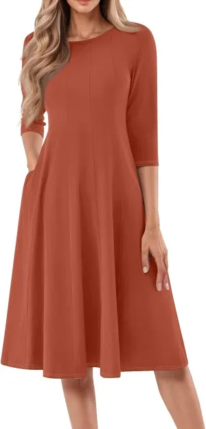 Womens Summer Dresses Summer Flowy Beach 3/4 Sleeve Dress Aline Casual Tshirt Dress Floral Midi Dresses with Pockets