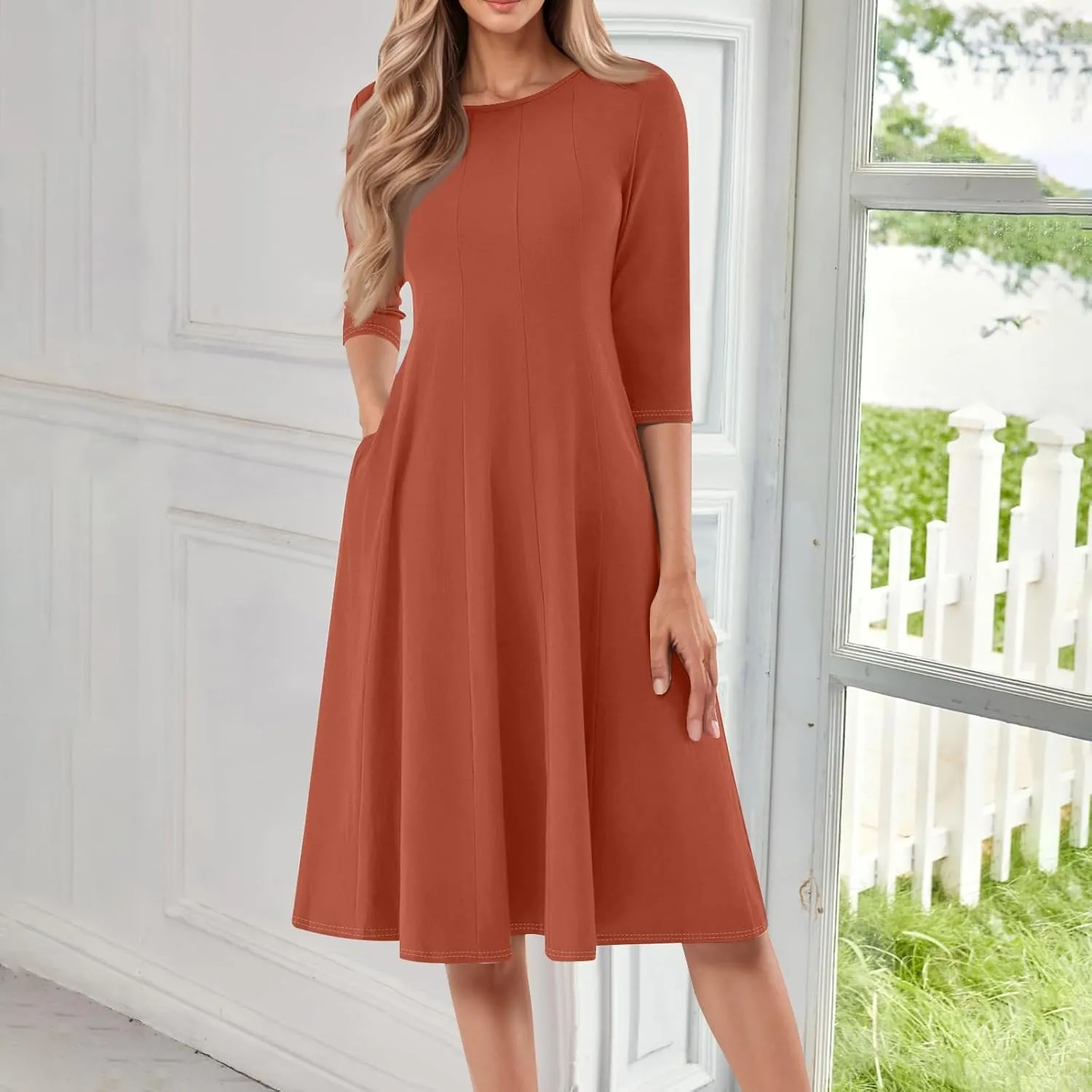 Womens Summer Dresses Summer Flowy Beach 3/4 Sleeve Dress Aline Casual Tshirt Dress Floral Midi Dresses with Pockets