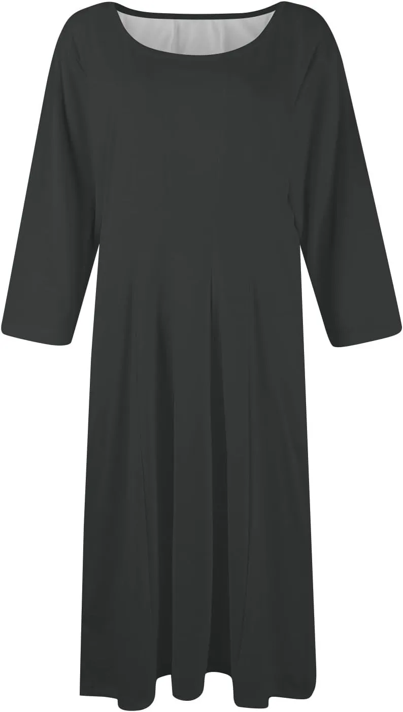 Womens Summer Dresses Summer Flowy Beach 3/4 Sleeve Dress Aline Casual Tshirt Dress Floral Midi Dresses with Pockets