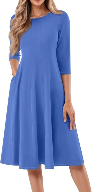 Womens Summer Dresses Summer Flowy Beach 3/4 Sleeve Dress Aline Casual Tshirt Dress Floral Midi Dresses with Pockets