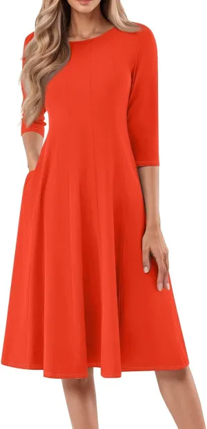 Womens Summer Dresses Summer Flowy Beach 3/4 Sleeve Dress Aline Casual Tshirt Dress Floral Midi Dresses with Pockets