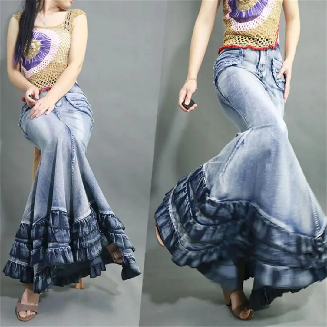 Women's Tail Mermaid Denim Skirt Long Maxi Ruffle Swing A-Line Jean Maxi Skirt with Pockets