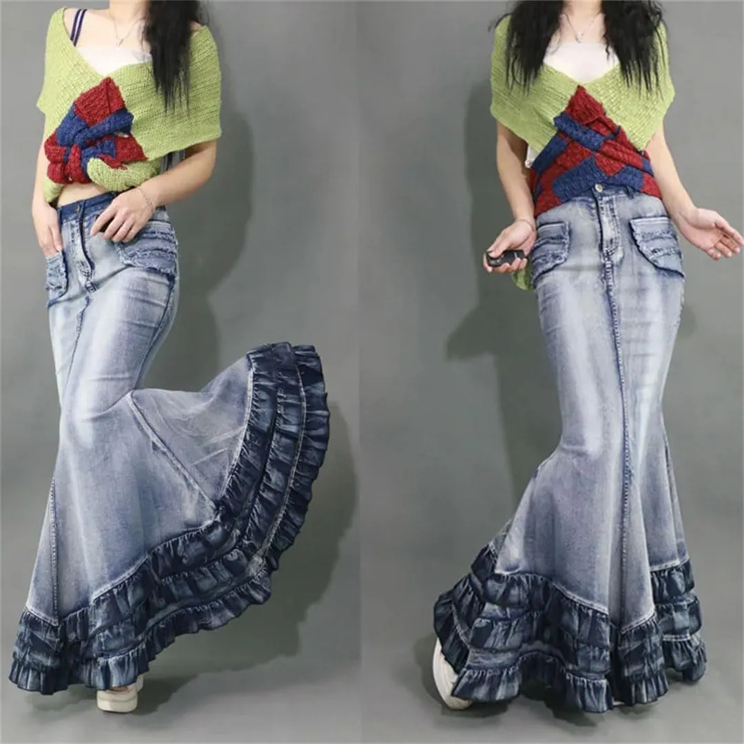 Women's Tail Mermaid Denim Skirt Long Maxi Ruffle Swing A-Line Jean Maxi Skirt with Pockets