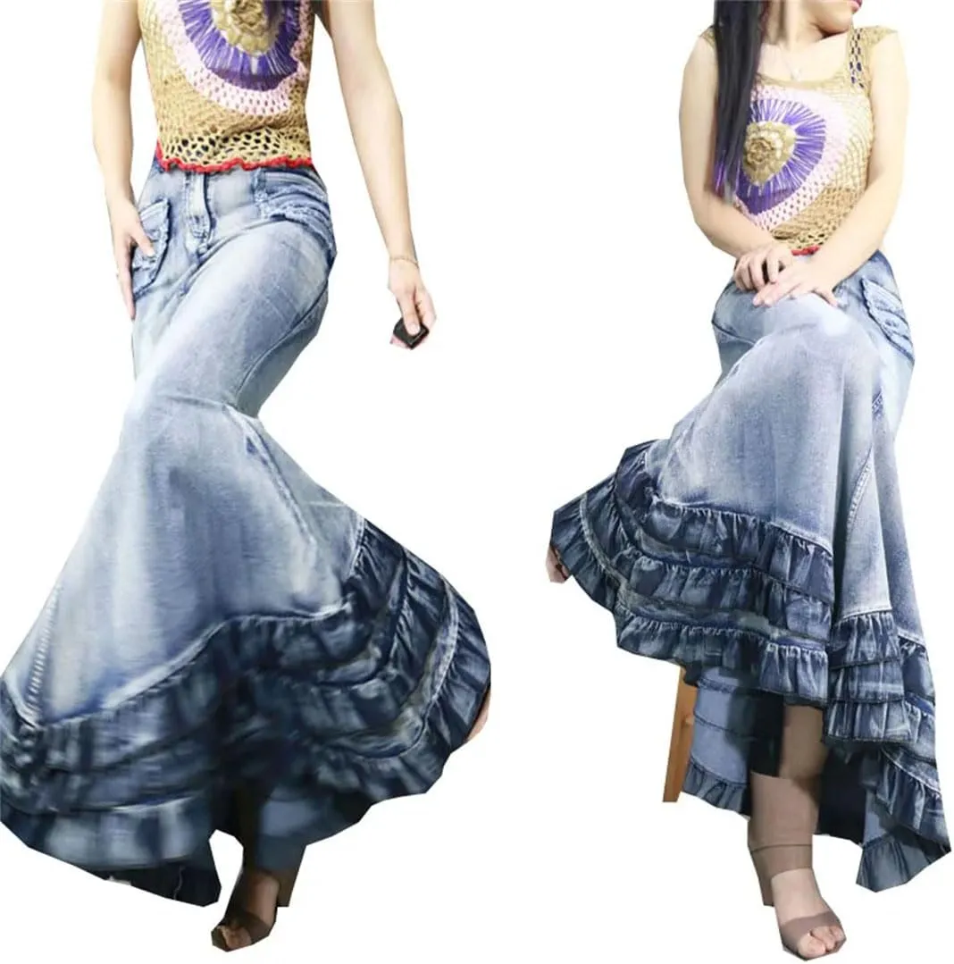 Women's Tail Mermaid Denim Skirt Long Maxi Ruffle Swing A-Line Jean Maxi Skirt with Pockets