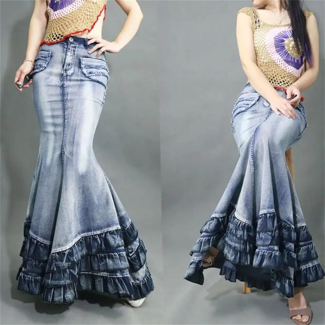 Women's Tail Mermaid Denim Skirt Long Maxi Ruffle Swing A-Line Jean Maxi Skirt with Pockets