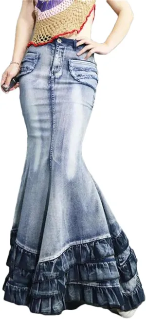 Women's Tail Mermaid Denim Skirt Long Maxi Ruffle Swing A-Line Jean Maxi Skirt with Pockets
