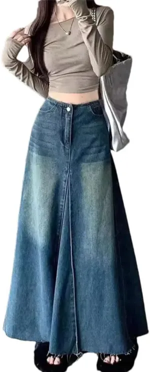 Women's Vintage Washing Denim Skirt High-Waisted Slimming A- Line Patchwork Long Denim Skirt