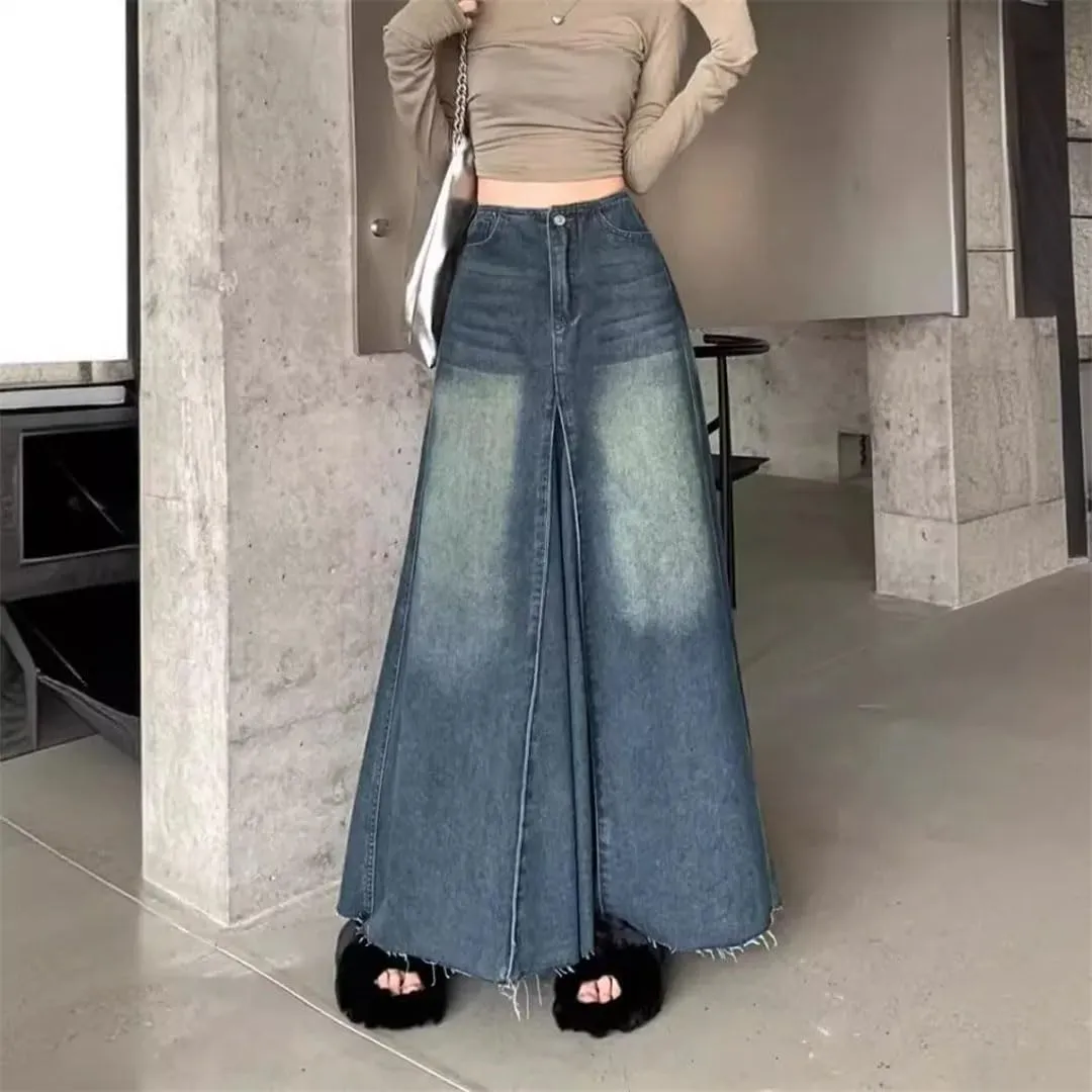 Women's Vintage Washing Denim Skirt High-Waisted Slimming A- Line Patchwork Long Denim Skirt