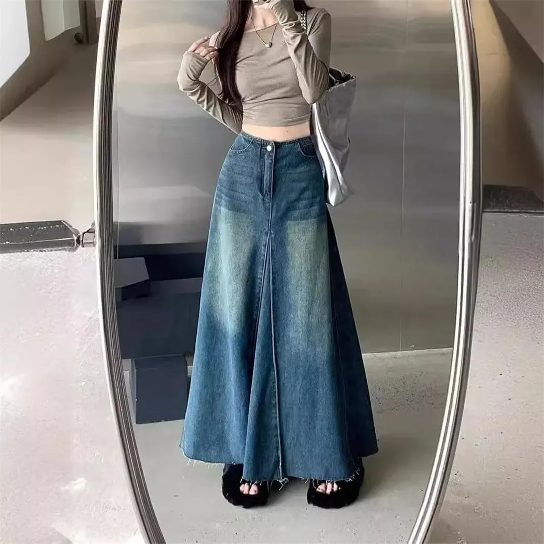 Women's Vintage Washing Denim Skirt High-Waisted Slimming A- Line Patchwork Long Denim Skirt