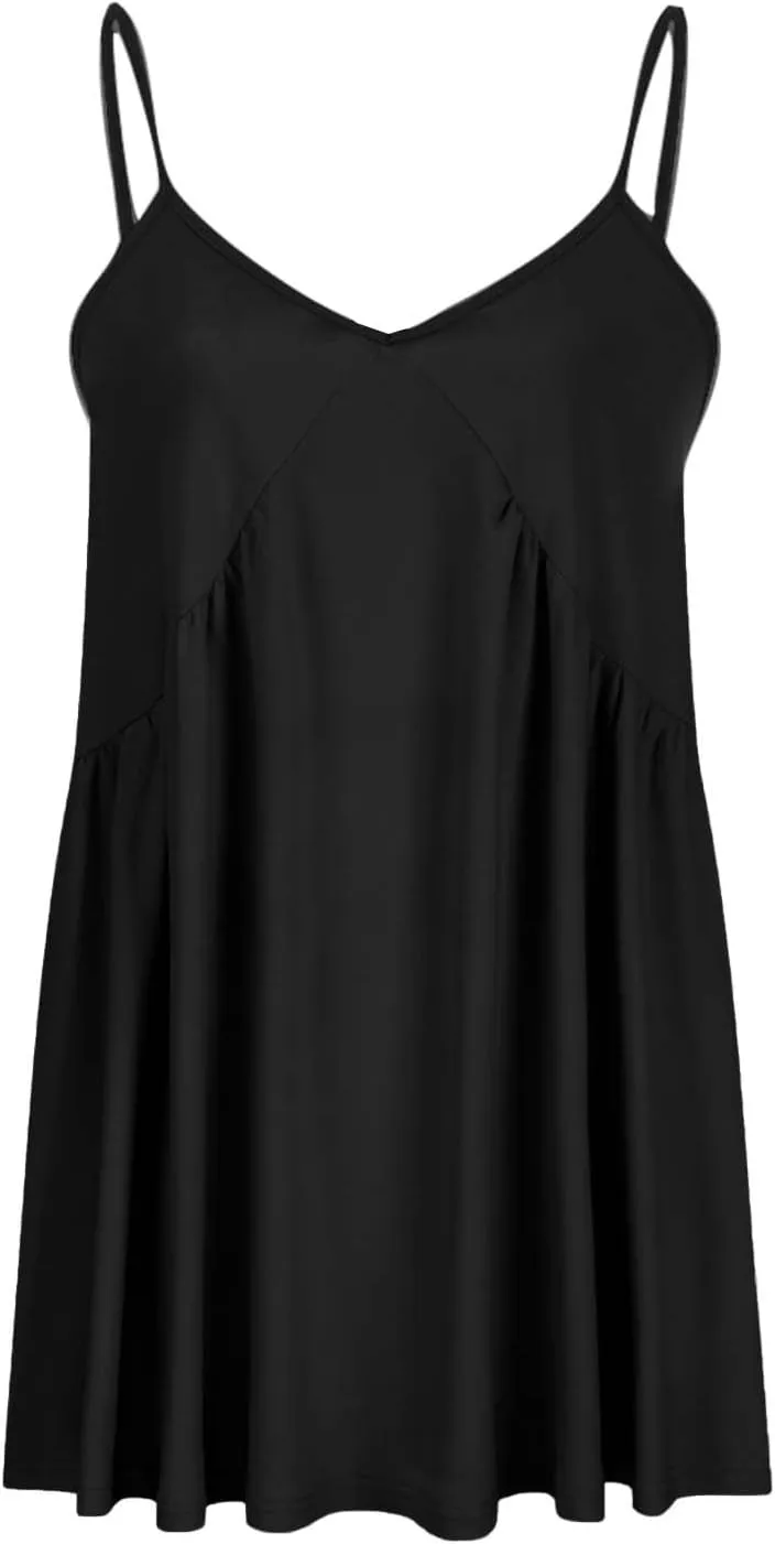 Xiaojmake Women's Beach Sun Dress V Neck Sleeveless Ruffle Hem Short Cami Dress Frill Trim Loose Solid Mini Tunic Dresses