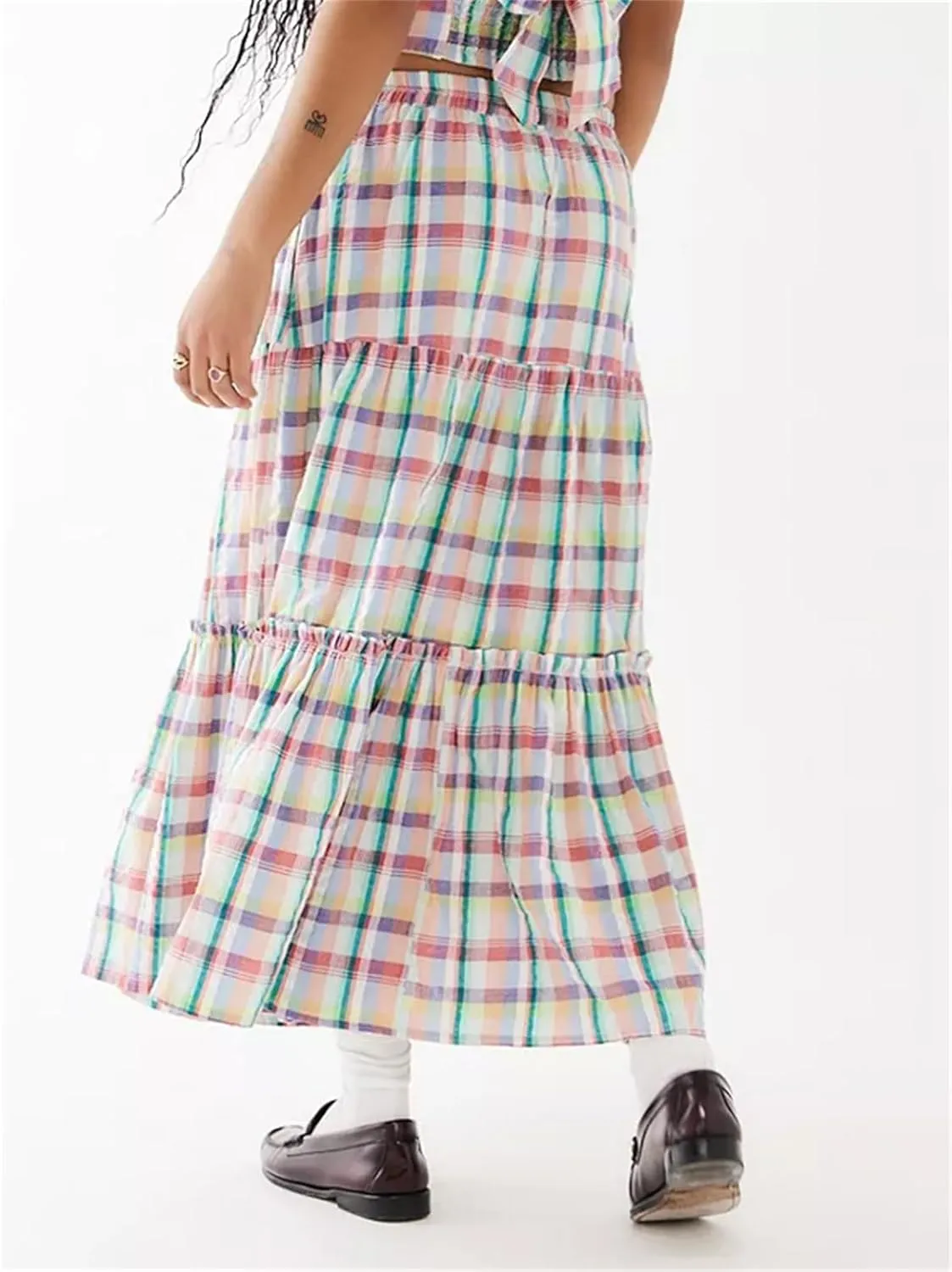 Y2k Plaid Maxi Skirts for Women Vintage Gingham High Waist A-Line Flowy Swing Tiered Long Skirt Casual Boho Beachwear