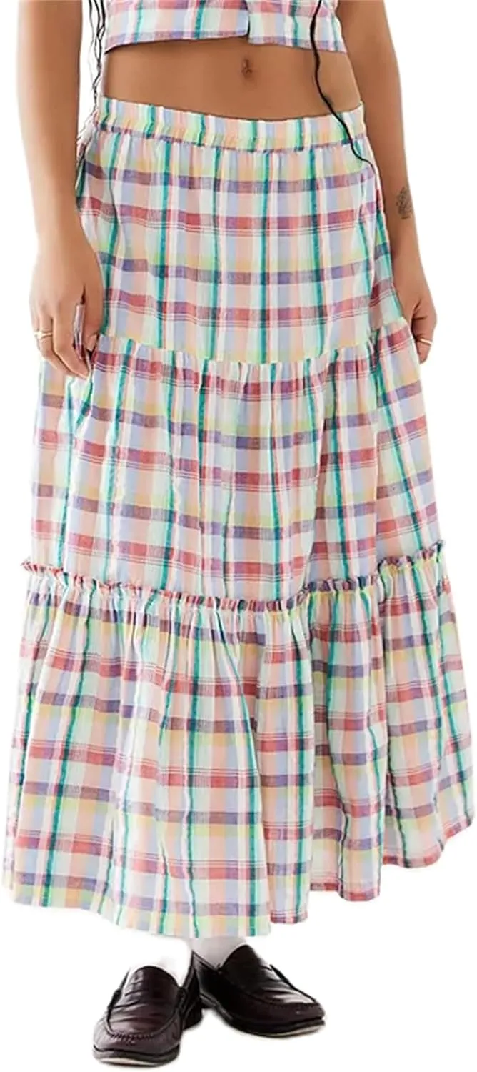 Y2k Plaid Maxi Skirts for Women Vintage Gingham High Waist A-Line Flowy Swing Tiered Long Skirt Casual Boho Beachwear