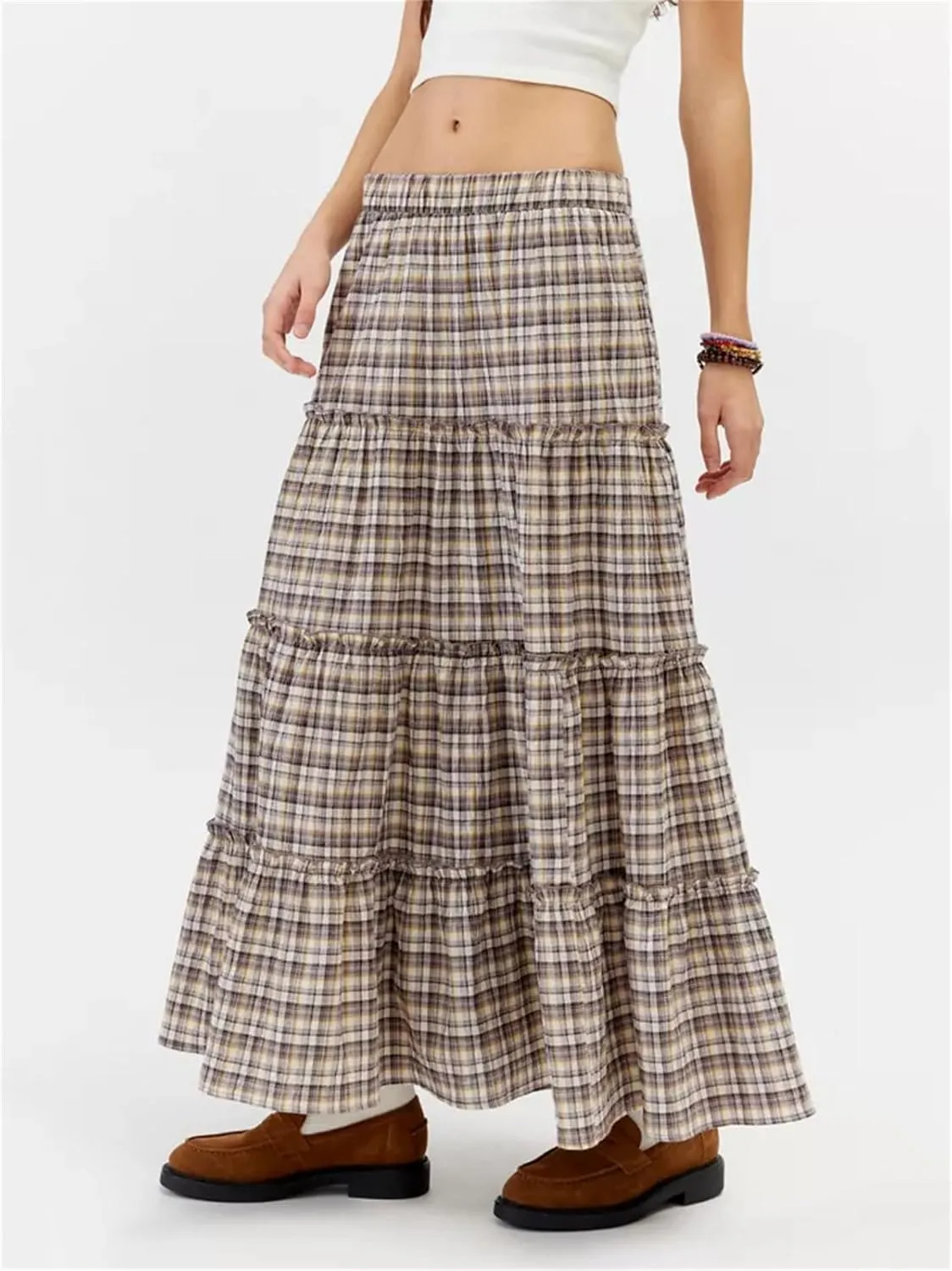 Y2k Plaid Maxi Skirts for Women Vintage Gingham High Waist A-Line Flowy Swing Tiered Long Skirt Casual Boho Beachwear