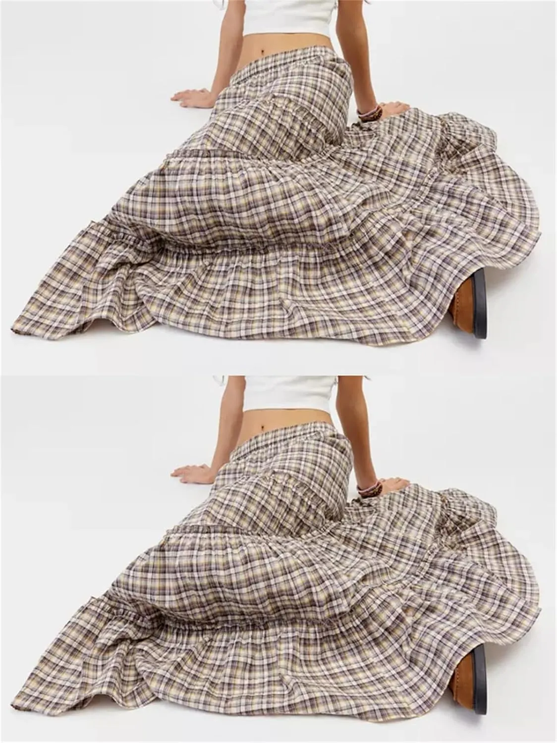 Y2k Plaid Maxi Skirts for Women Vintage Gingham High Waist A-Line Flowy Swing Tiered Long Skirt Casual Boho Beachwear
