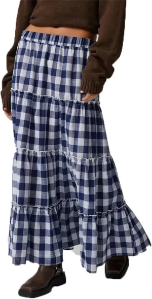 Y2k Plaid Maxi Skirts for Women Vintage Gingham High Waist A-Line Flowy Swing Tiered Long Skirt Casual Boho Beachwear