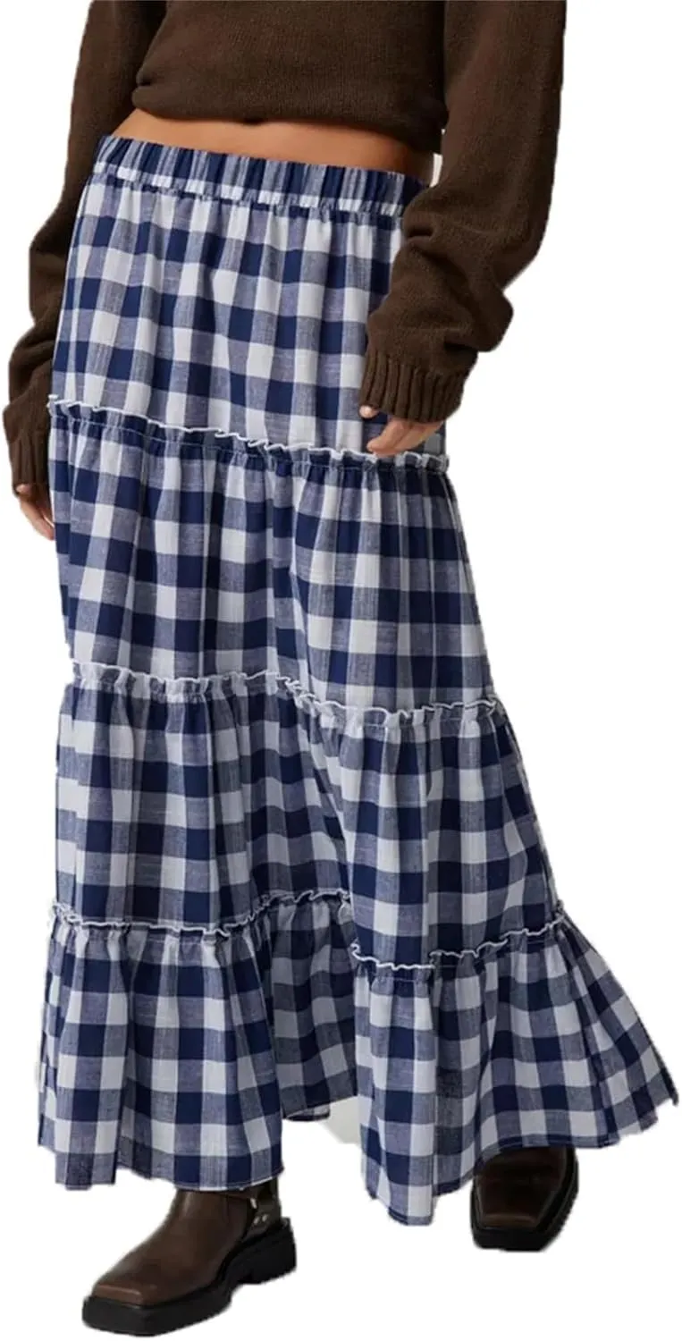 Y2k Plaid Maxi Skirts for Women Vintage Gingham High Waist A-Line Flowy Swing Tiered Long Skirt Casual Boho Beachwear