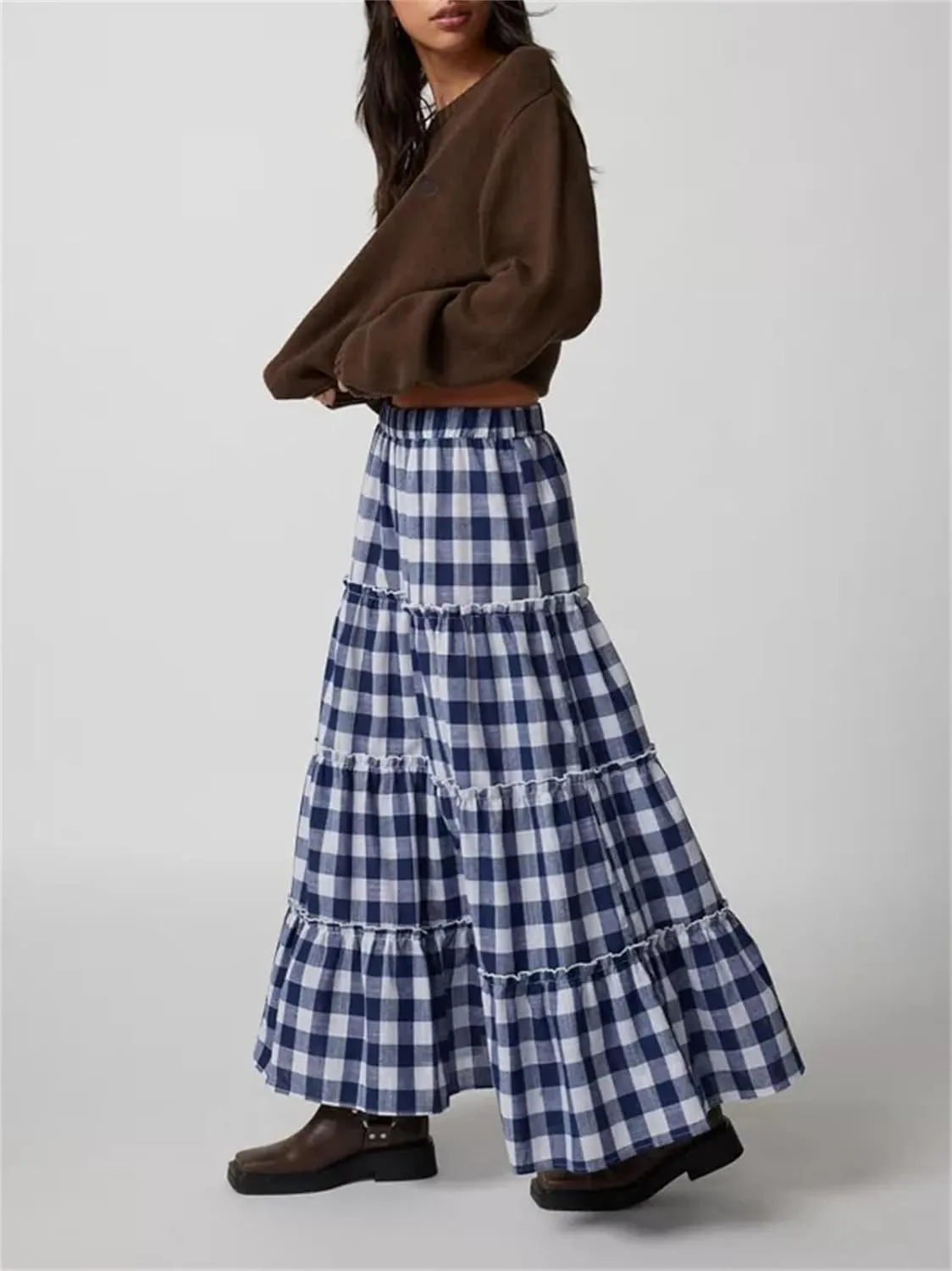 Y2k Plaid Maxi Skirts for Women Vintage Gingham High Waist A-Line Flowy Swing Tiered Long Skirt Casual Boho Beachwear