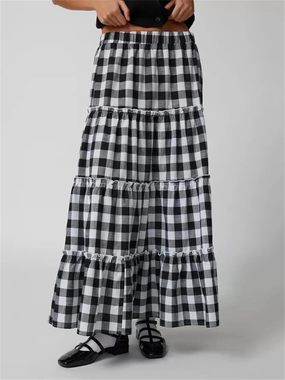 Y2k Plaid Maxi Skirts for Women Vintage Gingham High Waist A-Line Flowy Swing Tiered Long Skirt Casual Boho Beachwear