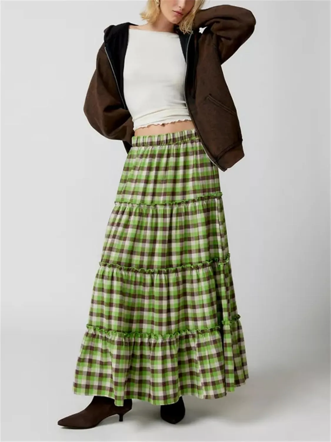 Y2k Plaid Maxi Skirts for Women Vintage Gingham High Waist A-Line Flowy Swing Tiered Long Skirt Casual Boho Beachwear