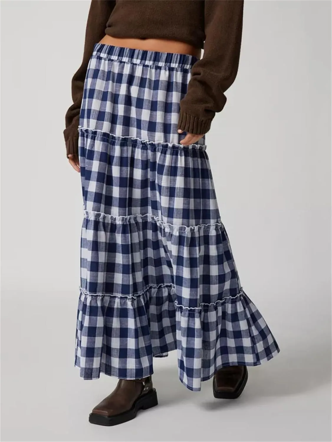 Y2k Plaid Maxi Skirts for Women Vintage Gingham High Waist A-Line Flowy Swing Tiered Long Skirt Casual Boho Beachwear