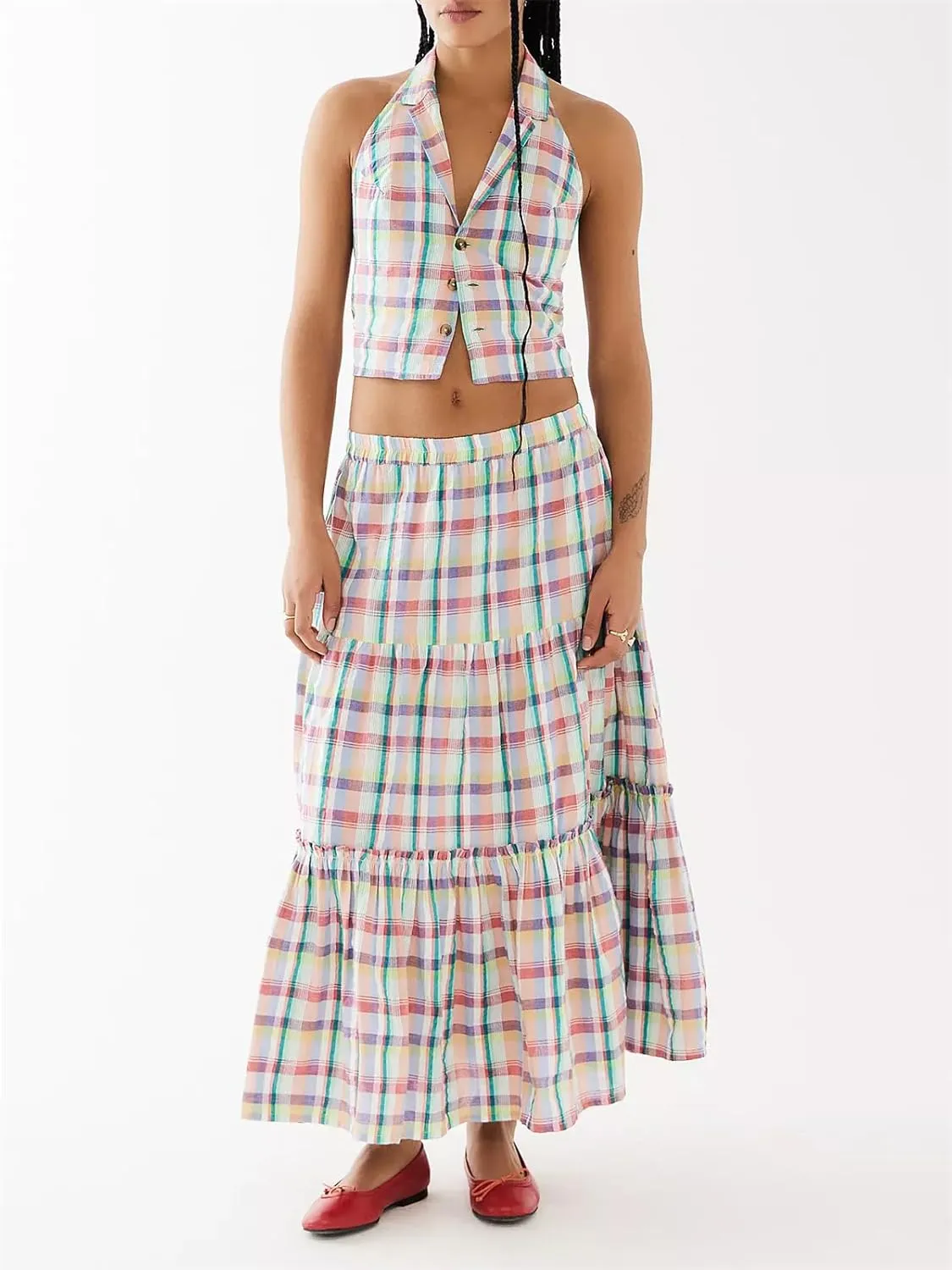 Y2k Plaid Maxi Skirts for Women Vintage Gingham High Waist A-Line Flowy Swing Tiered Long Skirt Casual Boho Beachwear