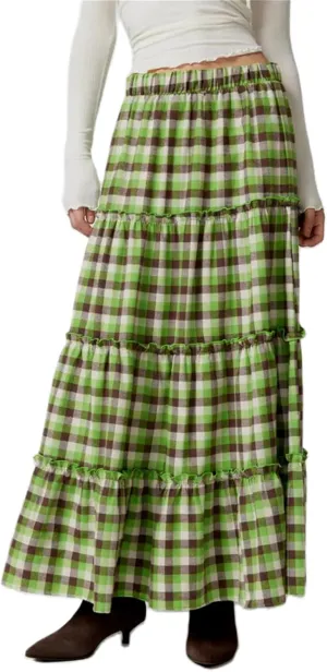 Y2k Plaid Maxi Skirts for Women Vintage Gingham High Waist A-Line Flowy Swing Tiered Long Skirt Casual Boho Beachwear