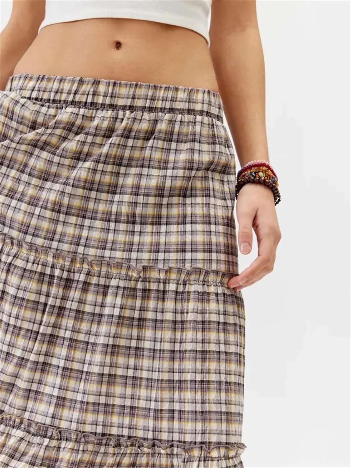 Y2k Plaid Maxi Skirts for Women Vintage Gingham High Waist A-Line Flowy Swing Tiered Long Skirt Casual Boho Beachwear