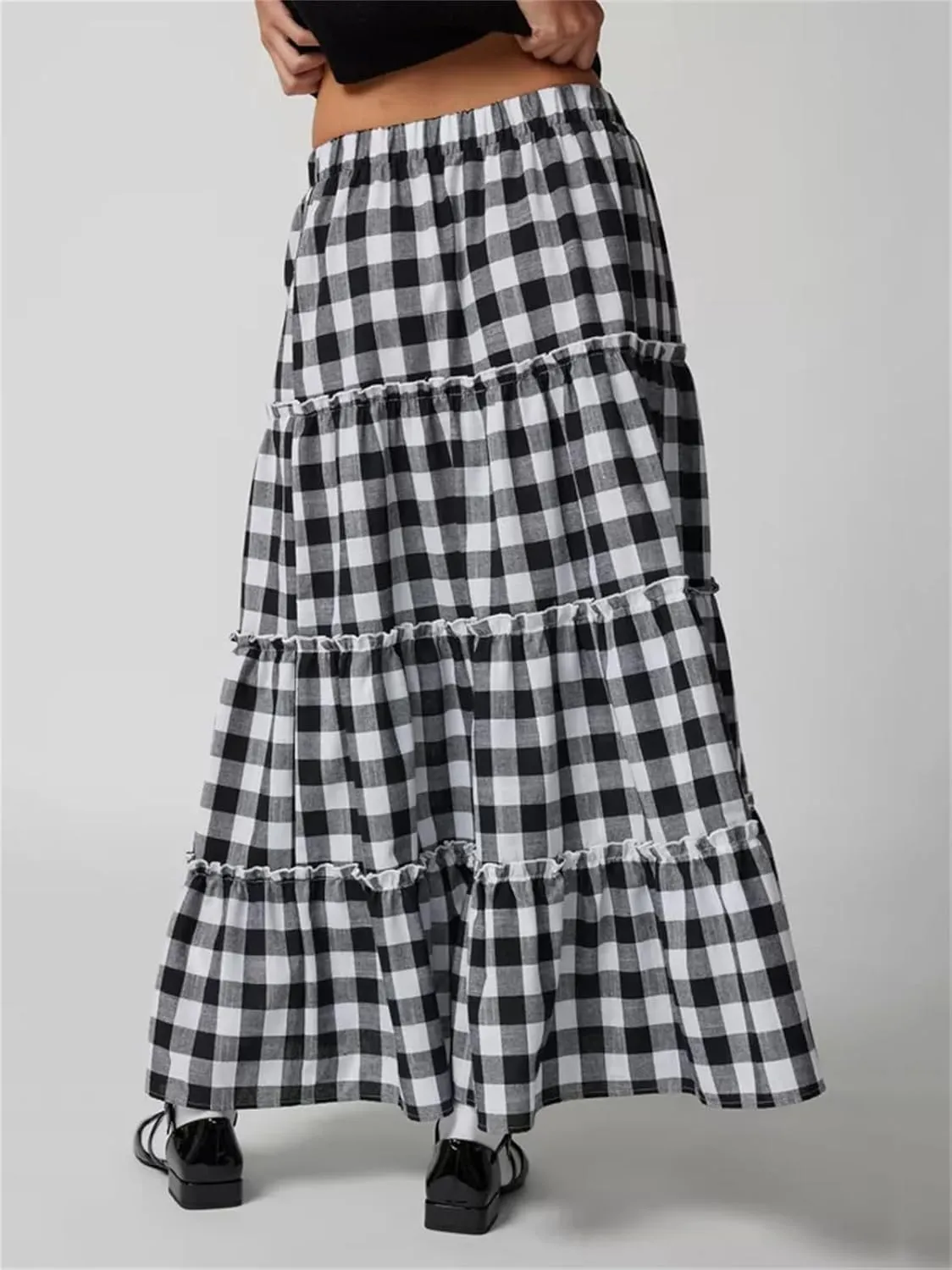 Y2k Plaid Maxi Skirts for Women Vintage Gingham High Waist A-Line Flowy Swing Tiered Long Skirt Casual Boho Beachwear
