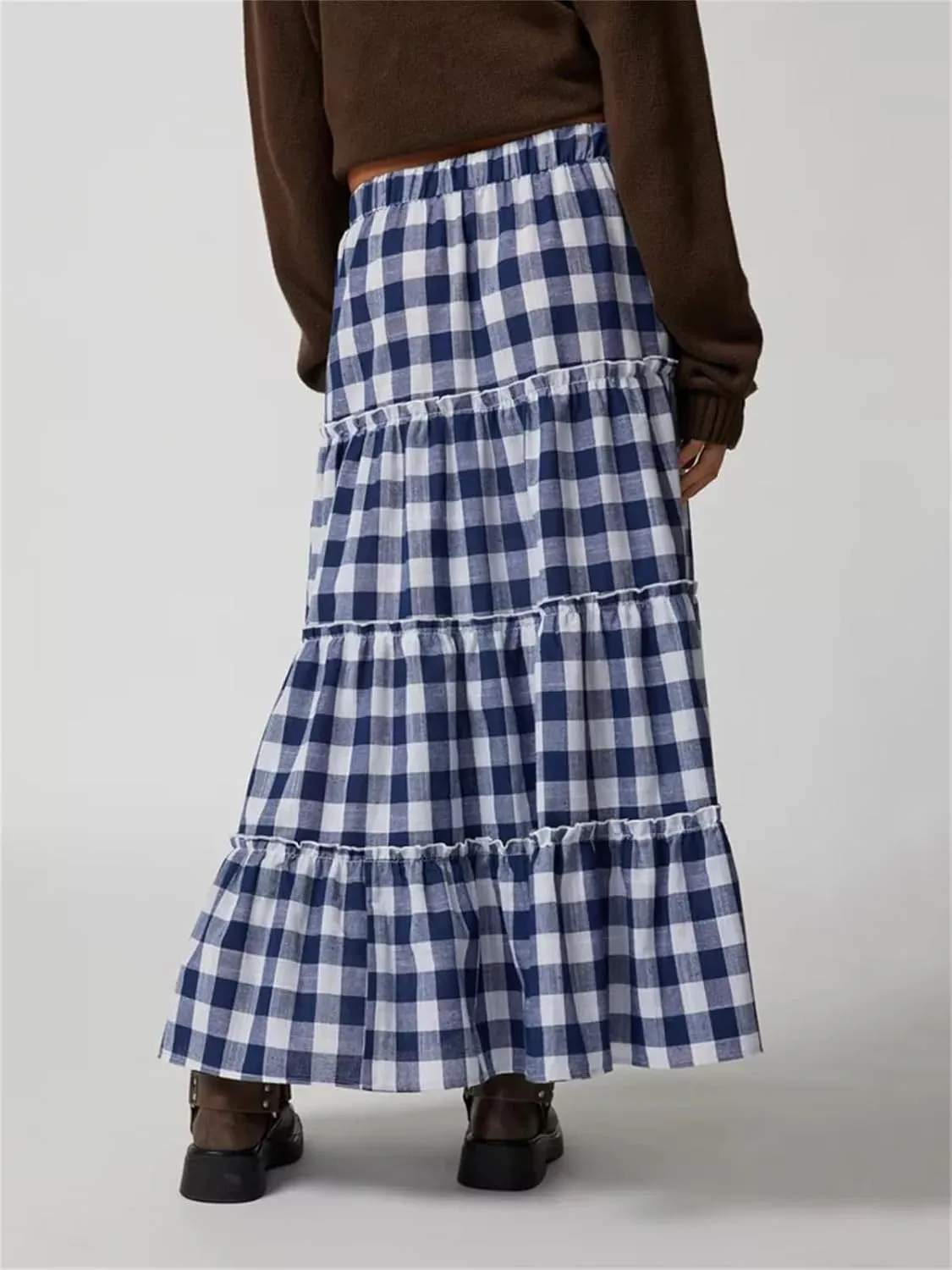 Y2k Plaid Maxi Skirts for Women Vintage Gingham High Waist A-Line Flowy Swing Tiered Long Skirt Casual Boho Beachwear