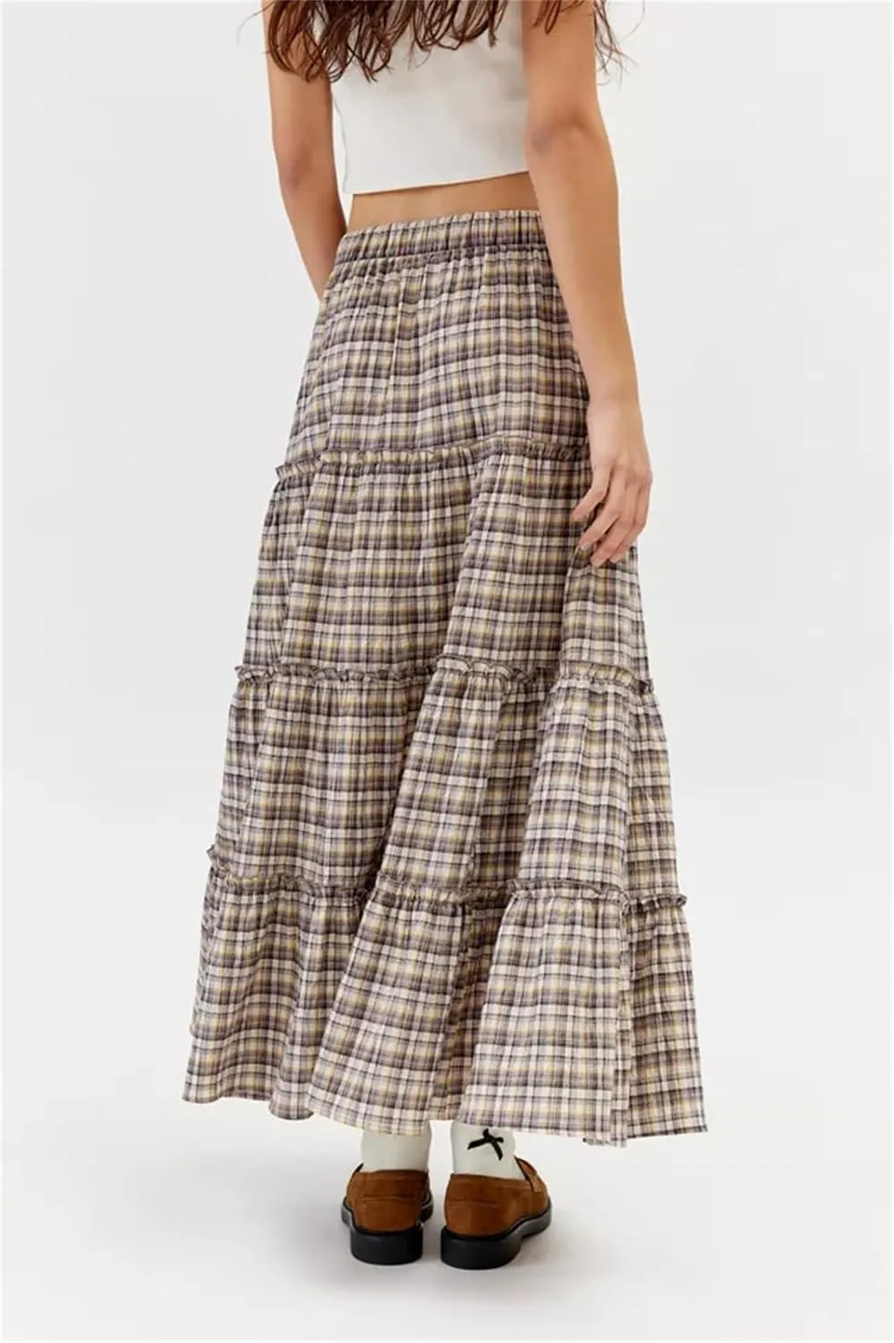 Y2k Plaid Maxi Skirts for Women Vintage Gingham High Waist A-Line Flowy Swing Tiered Long Skirt Casual Boho Beachwear